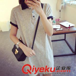 連衣裙系列 夏季學院風翻領短袖寬松細條紋百搭中長款T恤女 棉質