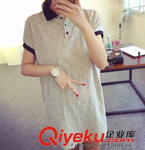 連衣裙系列 夏季學院風翻領短袖寬松細條紋百搭中長款T恤女 棉質原始圖片2