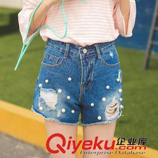 短褲 2015韓國夏季新款時尚個性磨破毛邊破洞珍珠休閑高腰牛仔短褲女式原始圖片2