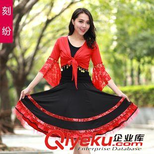 中袖舞蹈服 刻紛 廣場舞服裝新款女士拉丁舞練習(xí)蕾絲舞蹈服大擺民族復(fù)古套裝
