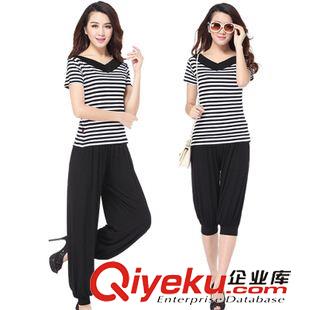 短袖舞蹈服 刻紛廣場舞服裝舞蹈服新款套裝瑜伽短袖上衣V領(lǐng)條紋跳舞休閑褲夏