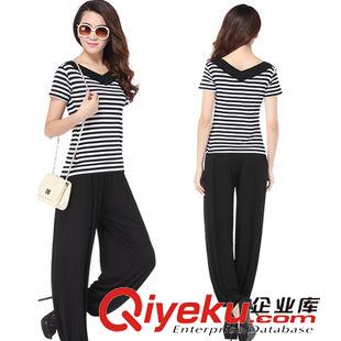 短袖舞蹈服 刻紛廣場舞服裝舞蹈服新款套裝瑜伽短袖上衣V領(lǐng)條紋跳舞休閑褲夏