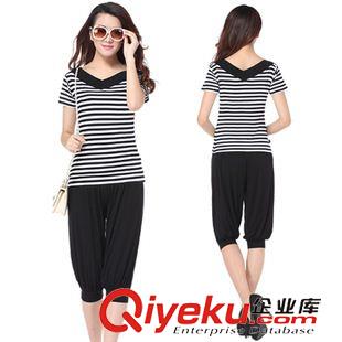 短袖舞蹈服 刻紛廣場舞服裝舞蹈服新款套裝瑜伽短袖上衣V領(lǐng)條紋跳舞休閑褲夏
