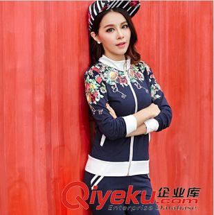 新品秋季休閑套裝 批發(fā)2015秋季新款女式大碼顯瘦印花拼接衛(wèi)衣連帽休閑運(yùn)動(dòng)套裝女