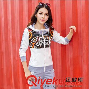 新品秋季休閑套裝 批發(fā)2015秋季新款女式大碼顯瘦印花拼接衛(wèi)衣連帽休閑運(yùn)動(dòng)套裝女