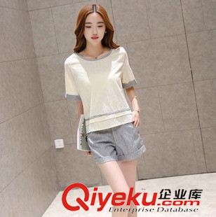 新品秋季休閑套裝 歐洲站夏季短袖棉麻時(shí)尚休閑兩件套氣質(zhì)大碼顯瘦名媛亞麻短褲套裝原始圖片2