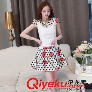 新品夏款連衣裙 2015夏季韓版新款雪紡?fù)尥揞I(lǐng)顯瘦蓬蓬裙印花修身連衣裙女原始圖片3