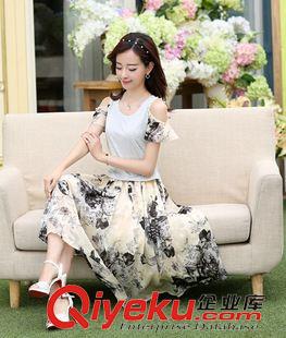 新品夏款連衣裙 2015夏季新款韓版氣質(zhì)印花圓領(lǐng)短袖長款裙子雪紡連衣裙女原始圖片2