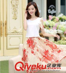 新品夏款連衣裙 2015夏季新款韓版氣質(zhì)印花圓領(lǐng)短袖長款裙子雪紡連衣裙女原始圖片3