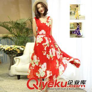 連衣裙 DRESS 2015新款連衣裙女夏季雪紡大擺長(zhǎng)裙印花韓版A字裙收腰廠家批發(fā)
