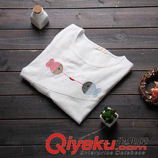 夏季新品7月09 2015夏女裝森女小清新棉麻刺繡魚韓版白色休閑寬松T恤女式上衣