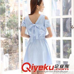 夏季新品7月05 韓國實拍2015夏季新品娃娃領大蝴蝶結露肩百褶連衣裙原始圖片3