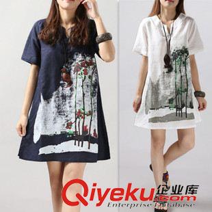 夏季新品7月05 2015夏季新款韓版大碼女裝文藝范水墨印花短袖連衣裙