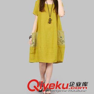 夏季新品7月05 韓版寬松加大碼 紗網(wǎng)紐扣裝飾大口袋短袖亞麻裙原始圖片2
