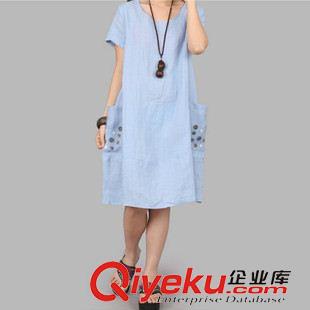 夏季新品7月05 韓版寬松加大碼 紗網(wǎng)紐扣裝飾大口袋短袖亞麻裙原始圖片3