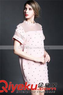 夏季新品7月05 2015夏季新款女裝歐美經(jīng)典釘珠半高領(lǐng)短袖修身氣質(zhì)連衣裙