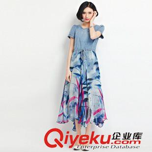 夏季新品7月05 2015 夏季新款女装潮 韩版圆领短袖长款牛仔拼接花色大摆裙连衣裙