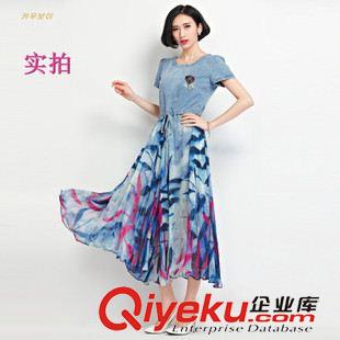 夏季新品7月05 2015 夏季新款女裝潮 韓版圓領短袖長款牛仔拼接花色大擺裙連衣裙