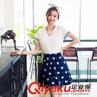 夏季新品7月05 2015韓版夏裝時尚名媛小香小狐貍圖案圓領印花拼接短袖連衣裙原始圖片2