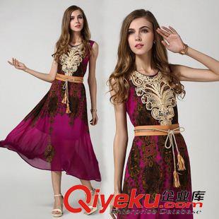 夏季新品7月03 1634新款夏裝天絲連衣裙  歐美印花無袖長裙送腰帶 女裝代理原始圖片2