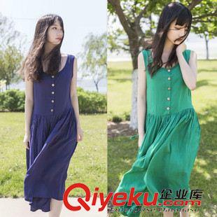 夏季新品7月01 實拍2015夏季新款小清新森女棉綢紐扣背心大碼無袖背心連衣長裙女