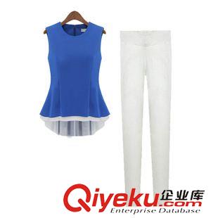 雪紡衫 歐美女裝2015夏季新款拼接裙式無袖修身雪紡衫打底長褲兩件套裝女原始圖片2