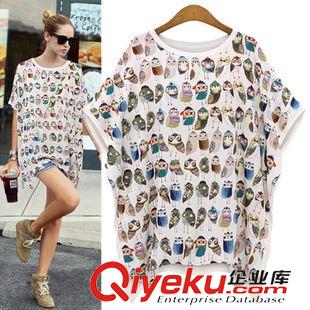 爆款專區(qū) 歐洲站2015夏季歐美女裝新款T恤衫排列貓頭鷹圖案蝙蝠衫寬松T恤女