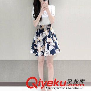 连衣裙 2015夏季新品款红唇夏装新款女装短袖大花圆领收腰雪纺连衣裙实拍