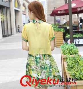 代銷實(shí)拍區(qū) 實(shí)拍2015夏季韓版新款短袖娃娃領(lǐng)上衣印花雪紡高腰假兩件套連衣裙原始圖片3