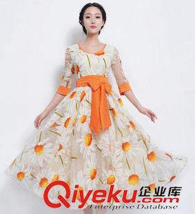 代銷實拍區(qū) 實拍2015早秋新款韓版橙紅色太陽花中袖歐根紗收腰顯瘦長裙連衣裙原始圖片2
