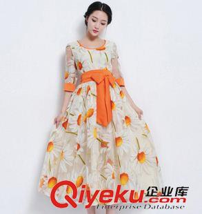 代銷實拍區(qū) 實拍2015早秋新款韓版橙紅色太陽花中袖歐根紗收腰顯瘦長裙連衣裙原始圖片3