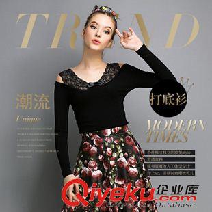 歐美古木溪未 實(shí)拍歐洲站2015秋季新款時(shí)尚大牌時(shí)尚打底衫蕾絲拼接 長袖鏤空T恤原始圖片2