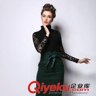 歐美古木溪未 實拍歐洲站2015秋季新款時尚大牌高領(lǐng)打底衫蕾絲拼接 修身長袖T恤原始圖片2