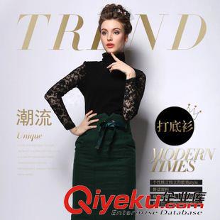 歐美古木溪未 實拍歐洲站2015秋季新款時尚大牌高領(lǐng)打底衫蕾絲拼接 修身長袖T恤原始圖片3