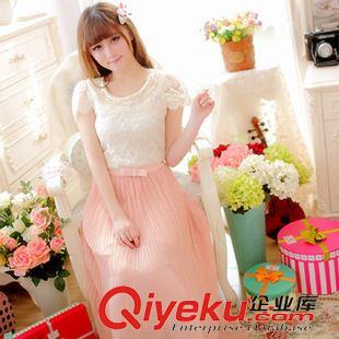 早秋8月新品 實拍2015夏季新款韓版女裝圓領(lǐng)短袖收腰雪紡百褶連衣裙長裙好質(zhì)量原始圖片2