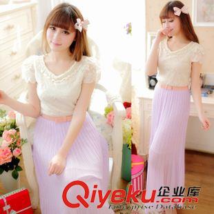 早秋8月新品 實拍2015夏季新款韓版女裝圓領(lǐng)短袖收腰雪紡百褶連衣裙長裙好質(zhì)量原始圖片3