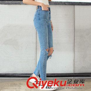 早秋8月新品 實拍韓國訂單2015早秋新款日系復古高腰撕破顯瘦牛仔褲鉛筆褲女潮原始圖片2