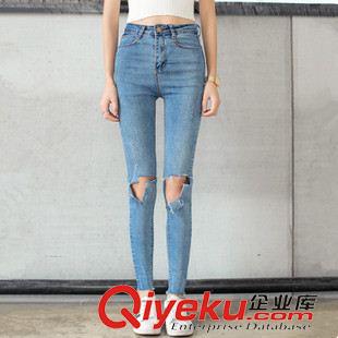 早秋8月新品 實拍韓國訂單2015早秋新款日系復古高腰撕破顯瘦牛仔褲鉛筆褲女潮原始圖片3