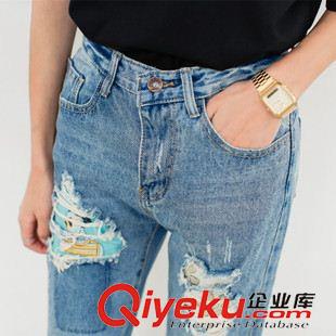 早秋8月新品 實拍早秋2015新款韓版時尚刺繡人頭貼布破洞牛仔闊腿褲九分褲女潮原始圖片2