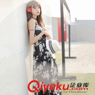早秋8月新品 實(shí)拍韓國(guó)訂單2015夏裝新款優(yōu)雅黑白印花雪紡長(zhǎng)裙吊帶沙灘裙好質(zhì)量原始圖片2