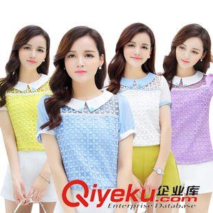 早秋8月新品 2015實(shí)拍早秋新甜美娃娃領(lǐng)蕾絲雪紡衫女短袖泡泡袖純色上衣T恤潮原始圖片2