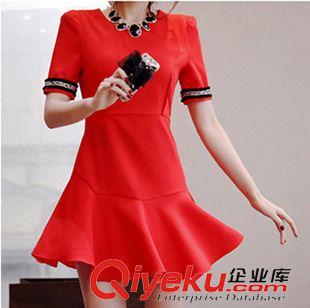 早秋8月新品 實拍 2015早秋韓國代購禮服紅色魚尾荷葉邊擺修身短袖連衣裙潮女原始圖片2
