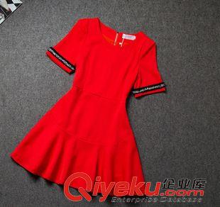 早秋8月新品 實拍 2015早秋韓國代購禮服紅色魚尾荷葉邊擺修身短袖連衣裙潮女原始圖片3