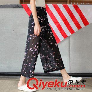 早秋8月新品 實(shí)拍2015早秋新款韓版高腰小鳥(niǎo)印花雪紡闊腿褲九分褲女好質(zhì)量潮款原始圖片2