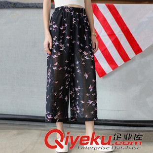 早秋8月新品 實(shí)拍2015早秋新款韓版高腰小鳥(niǎo)印花雪紡闊腿褲九分褲女好質(zhì)量潮款原始圖片3