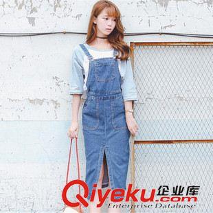早秋8月新品 實(shí)拍廣州2015初秋新款復(fù)古休閑前開叉中長款牛仔背帶裙女潮好質(zhì)量原始圖片3