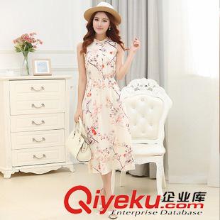早秋8月新品 實(shí)拍連衣裙2015女裝夏季新款甜美印花無(wú)袖雪紡收腰連衣裙大擺長(zhǎng)裙原始圖片2