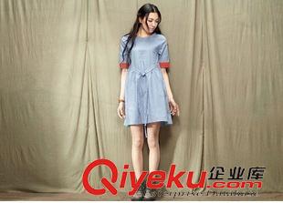 連衣裙 2015夏裝新品時(shí)尚元素棉麻女撞色復(fù)古系帶圓領(lǐng)中袖連衣裙女裝原始圖片2