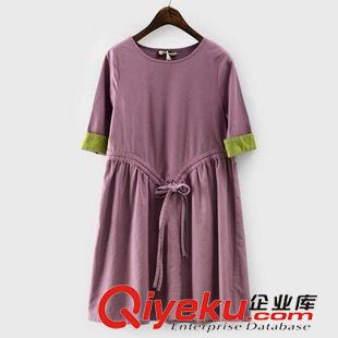 連衣裙 2015夏裝新品時(shí)尚元素棉麻女撞色復(fù)古系帶圓領(lǐng)中袖連衣裙女裝原始圖片3