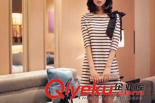 連衣裙 韓國代購2015春夏新款 甜美可愛獨特單肩蝴蝶結(jié)條紋連衣裙女裝原始圖片3